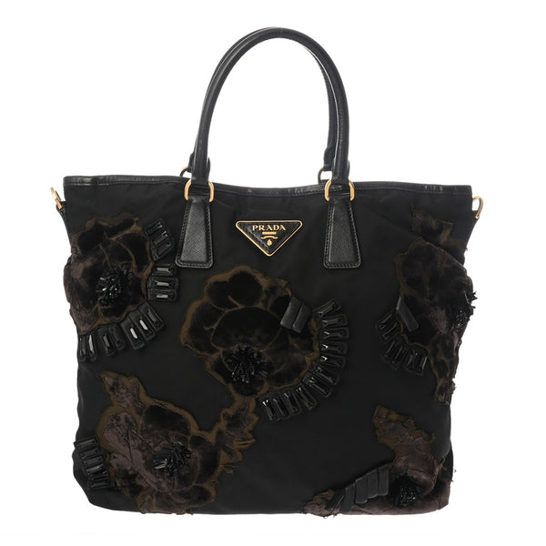 PRADA プラダ フラワーモチーフ ブラック レディース ナイロン/ベロア トートバッグ ABランク 中古 銀蔵