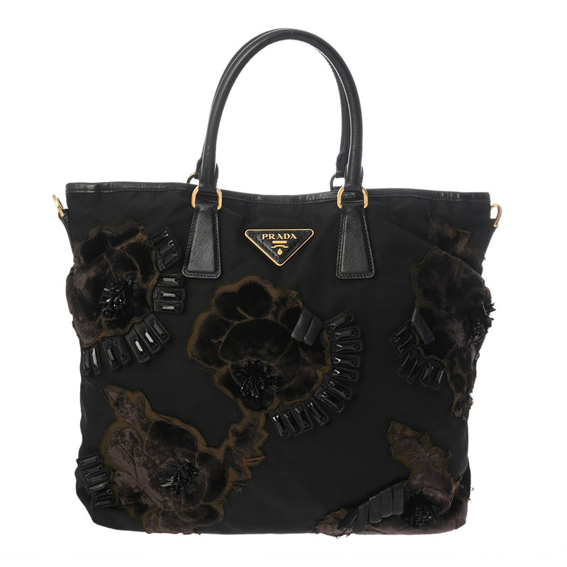 PRADA プラダ フラワーモチーフ ブラック レディース ナイロン/ベロア トートバッグ ABランク 中古 銀蔵