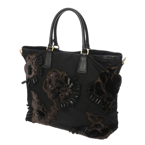 PRADA プラダ フラワーモチーフ ブラック レディース ナイロン/ベロア トートバッグ ABランク 中古 銀蔵