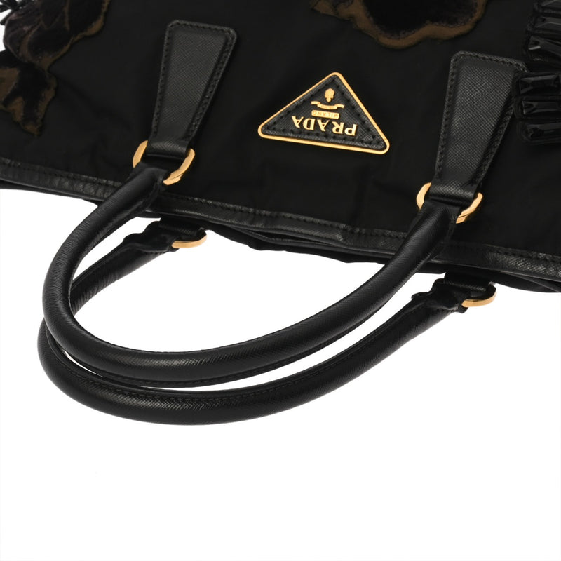 PRADA プラダ フラワーモチーフ ブラック レディース ナイロン/ベロア トートバッグ ABランク 中古 銀蔵