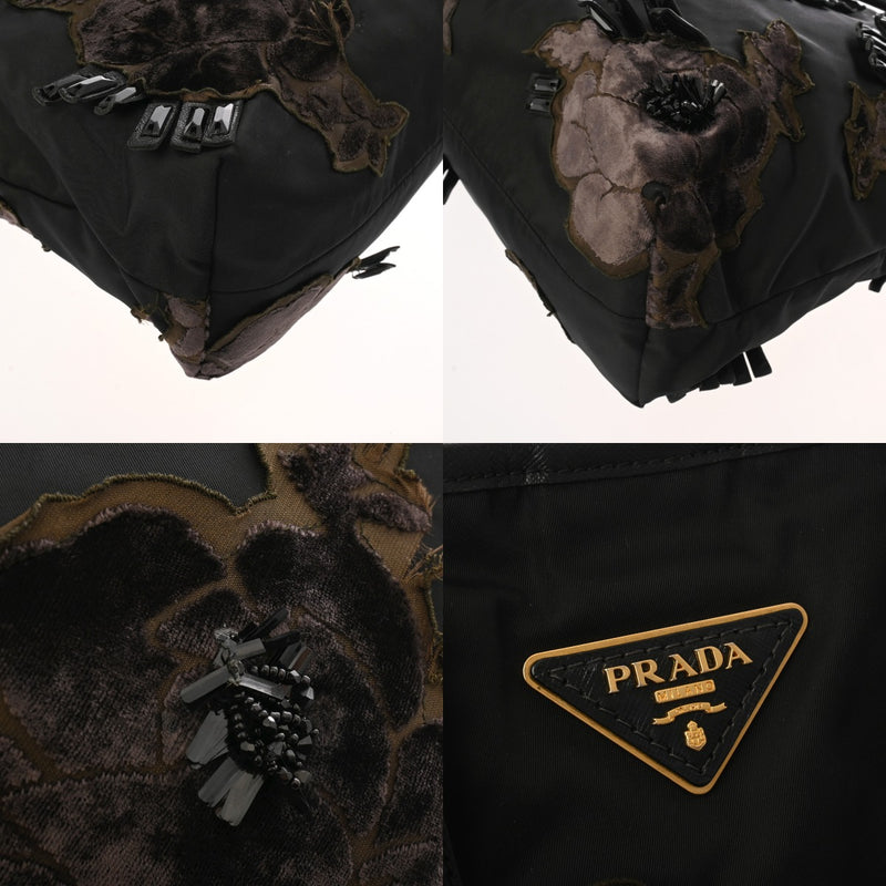 PRADA プラダ フラワーモチーフ ブラック レディース ナイロン/ベロア トートバッグ ABランク 中古 銀蔵