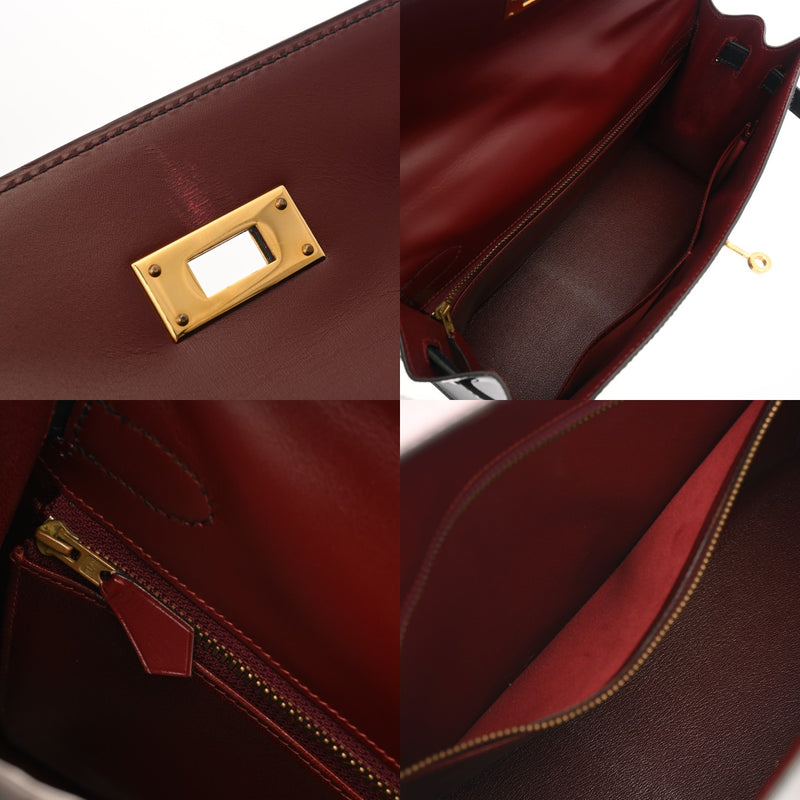 HERMES エルメス ケリー 32 外縫い トリコロール ルージュアッシュ/グリーン系/ネイビー系 〇U刻印(1991年頃) レディース ボックスカーフ ハンドバッグ ABランク 中古 銀蔵