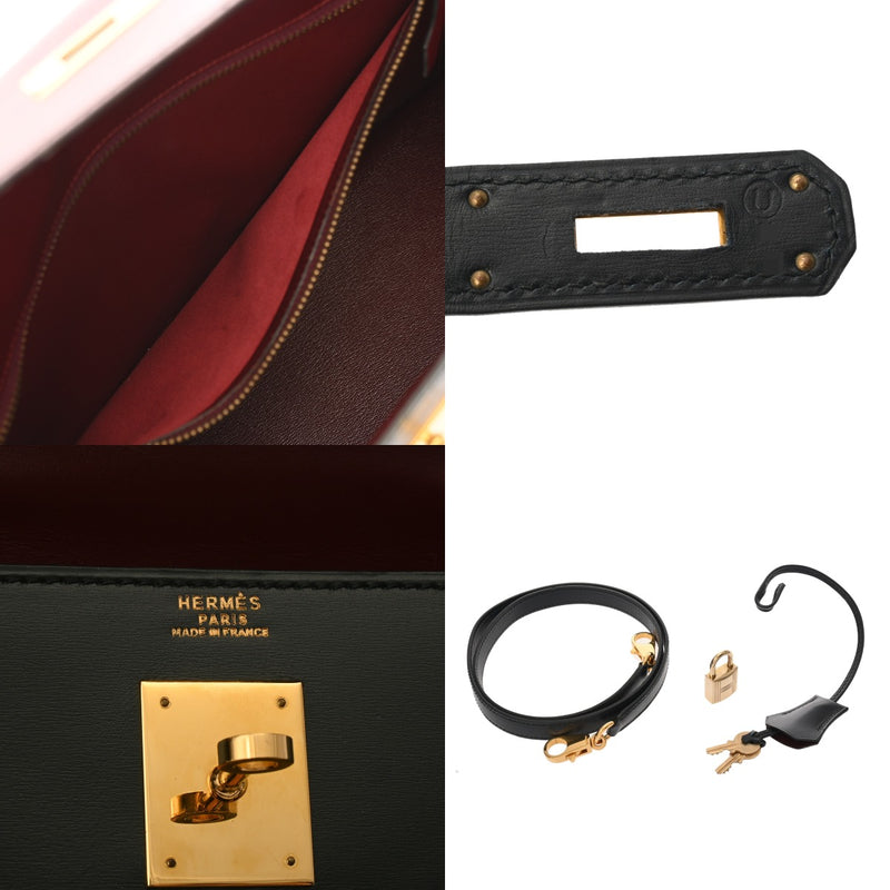 HERMES エルメス ケリー 32 外縫い トリコロール ルージュアッシュ/グリーン系/ネイビー系 〇U刻印(1991年頃) レディース ボックスカーフ ハンドバッグ ABランク 中古 銀蔵