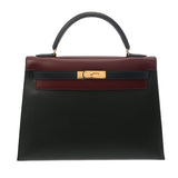 HERMES エルメス ケリー 32 外縫い トリコロール ルージュアッシュ/グリーン系/ネイビー系 〇U刻印(1991年頃) レディース ボックスカーフ ハンドバッグ ABランク 中古 銀蔵