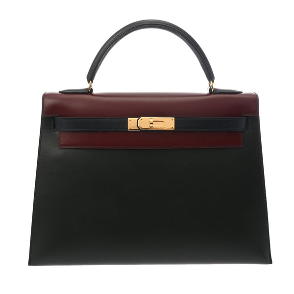 HERMES エルメス ケリー 32 外縫い トリコロール ルージュアッシュ/グリーン系/ネイビー系 〇U刻印(1991年頃) レディース ボックスカーフ ハンドバッグ ABランク 中古 銀蔵