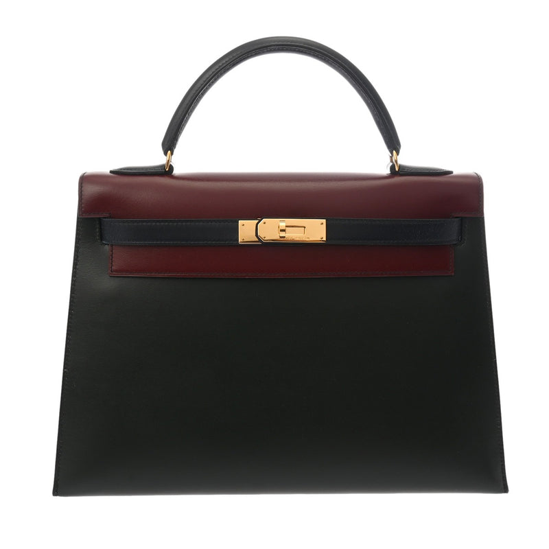 HERMES エルメス ケリー 32 外縫い トリコロール ルージュアッシュ/グリーン系/ネイビー系 〇U刻印(1991年頃) レディース ボックスカーフ ハンドバッグ ABランク 中古 銀蔵