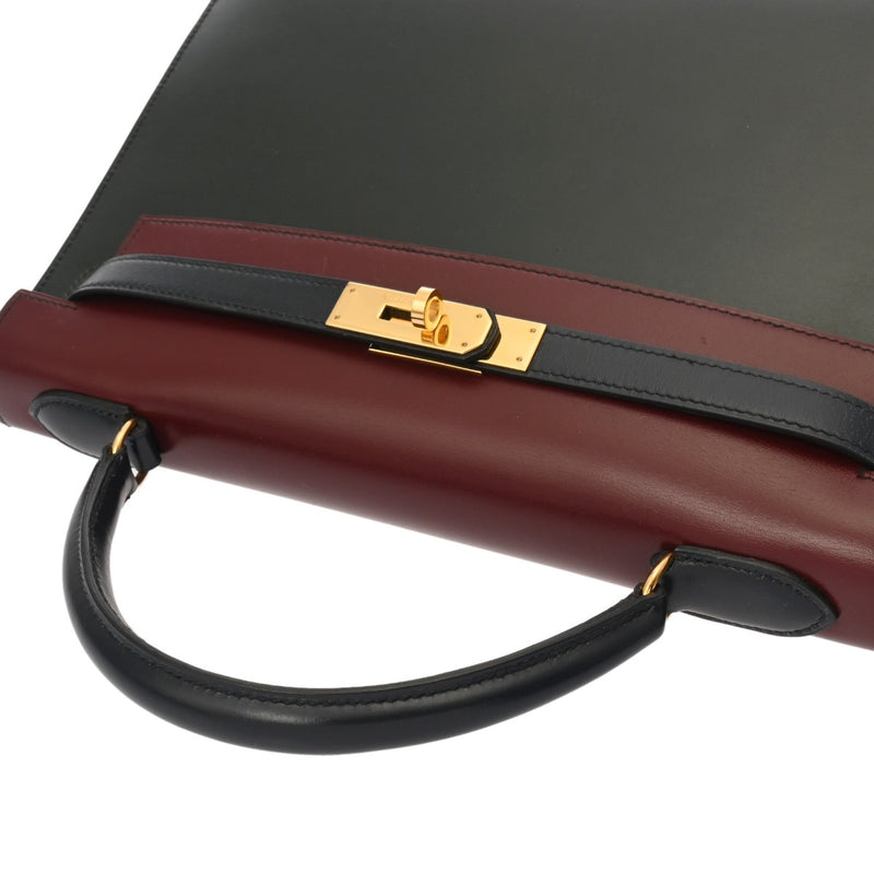 HERMES エルメス ケリー 32 外縫い トリコロール ルージュアッシュ/グリーン系/ネイビー系 〇U刻印(1991年頃) レディース ボックスカーフ ハンドバッグ ABランク 中古 銀蔵