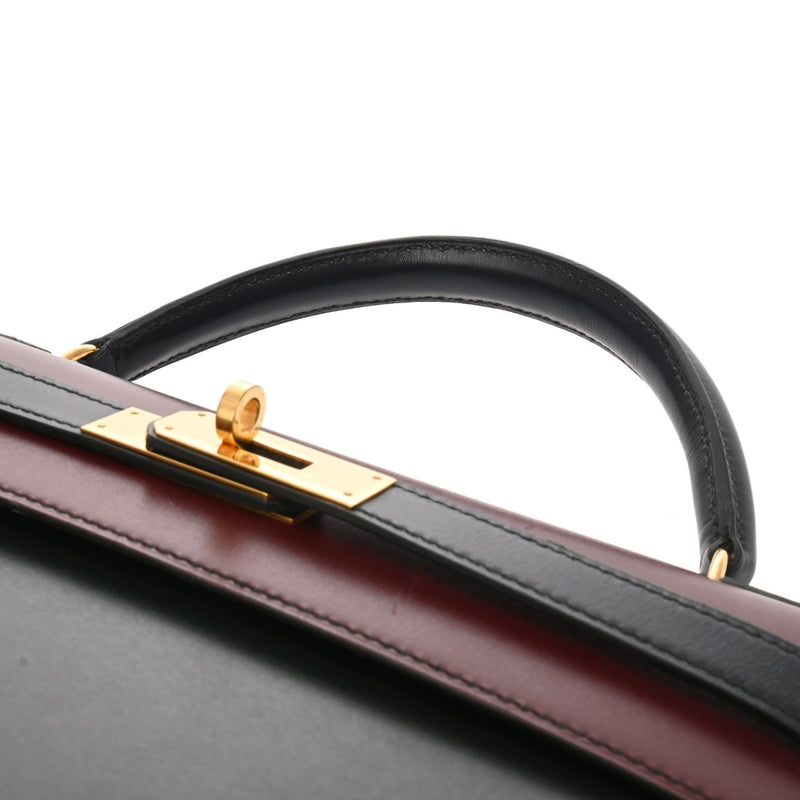 HERMES エルメス ケリー 32 外縫い トリコロール ルージュアッシュ/グリーン系/ネイビー系 〇U刻印(1991年頃) レディース ボックスカーフ ハンドバッグ ABランク 中古 銀蔵