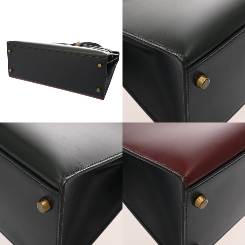 HERMES エルメス ケリー 32 外縫い トリコロール ルージュアッシュ/グリーン系/ネイビー系 〇U刻印(1991年頃) レディース ボックスカーフ ハンドバッグ ABランク 中古 銀蔵