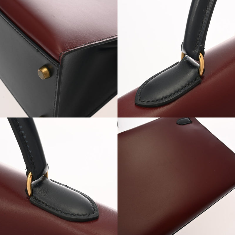 HERMES エルメス ケリー 32 外縫い トリコロール ルージュアッシュ/グリーン系/ネイビー系 〇U刻印(1991年頃) レディース ボックスカーフ ハンドバッグ ABランク 中古 銀蔵