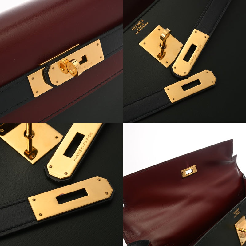 HERMES エルメス ケリー 32 外縫い トリコロール ルージュアッシュ/グリーン系/ネイビー系 〇U刻印(1991年頃) レディース ボックスカーフ ハンドバッグ ABランク 中古 銀蔵