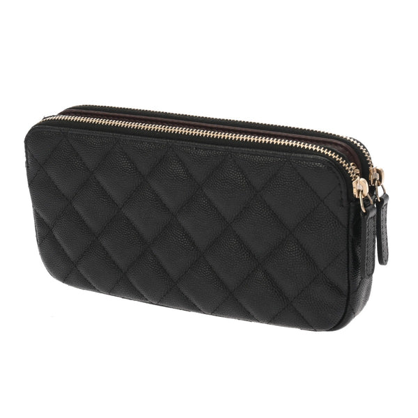 CHANEL シャネル Wファスナーチェーンウォレット ブラック A82527 レディース キャビアスキン ショルダーバッグ Aランク 中古 銀蔵