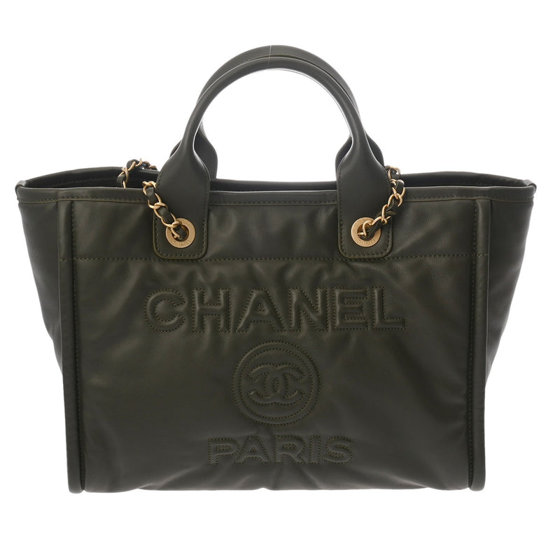 CHANEL シャネル ドーヴィル トートバッグ カーキ AS3257 レディース ラムスキン ショルダーバッグ 新同 中古 銀蔵