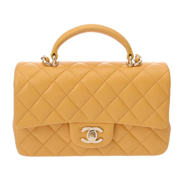 CHANEL シャネル マトラッセ トップハンドル ミニフラップバッグ 20cm イエロー AS2431 レディース ラムスキン ショルダーバッグ 新同 中古 銀蔵