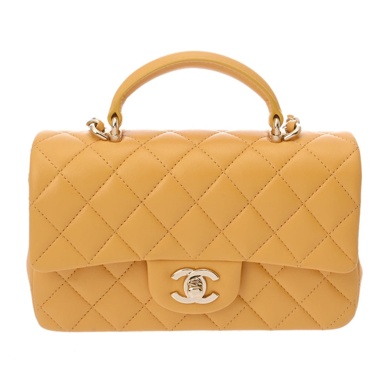 CHANEL シャネル マトラッセ トップハンドル ミニフラップバッグ 20cm イエロー AS2431 レディース ラムスキン ショルダーバッグ 新同 中古 銀蔵