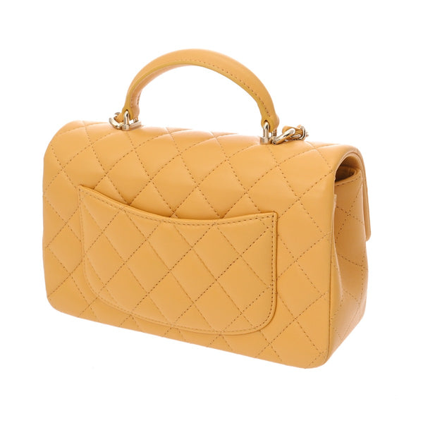 CHANEL シャネル マトラッセ トップハンドル ミニフラップバッグ 20cm イエロー AS2431 レディース ラムスキン ショルダーバッグ 新同 中古 銀蔵