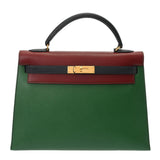 HERMES エルメス ケリー 32外縫い 2WAY ルージュアッシュ/ヴェール/ブルーインディゴ ○U刻印(1991年頃) レディース クシュベル ハンドバッグ Bランク 中古 銀蔵