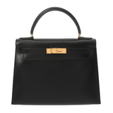 HERMES エルメス ケリー 28 外縫い ブラック □B刻印(1998年頃) レディース ボックスカーフ ハンドバッグ Aランク 中古 銀蔵