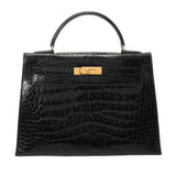 HERMES エルメス ケリー 32 外縫い 2WAY ブラック ○T刻印(1990年頃) レディース アリゲーター ハンドバッグ ABランク 中古 銀蔵