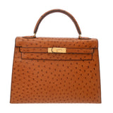HERMES エルメス ケリー 32 外縫い 2WAY チェスナッツ ○U刻印(1991年頃) レディース オーストリッチ ハンドバッグ Bランク 中古 銀蔵