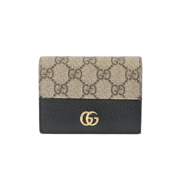 GUCCI グッチ GGマーモント コンパクトウォレット  ベージュ/黒 ゴールド金具 レディース レザー 三つ折り財布 Bランク 中古 銀蔵