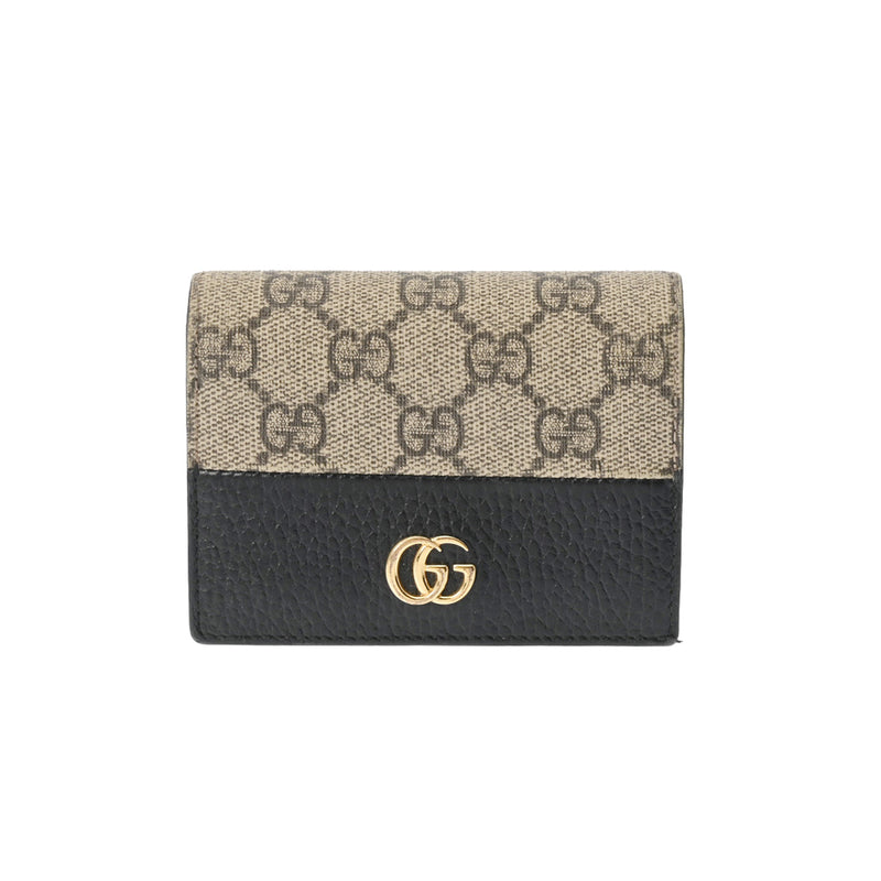 GUCCI グッチ GGマーモント コンパクトウォレット  ベージュ/黒 ゴールド金具 レディース レザー 三つ折り財布 Bランク 中古 銀蔵