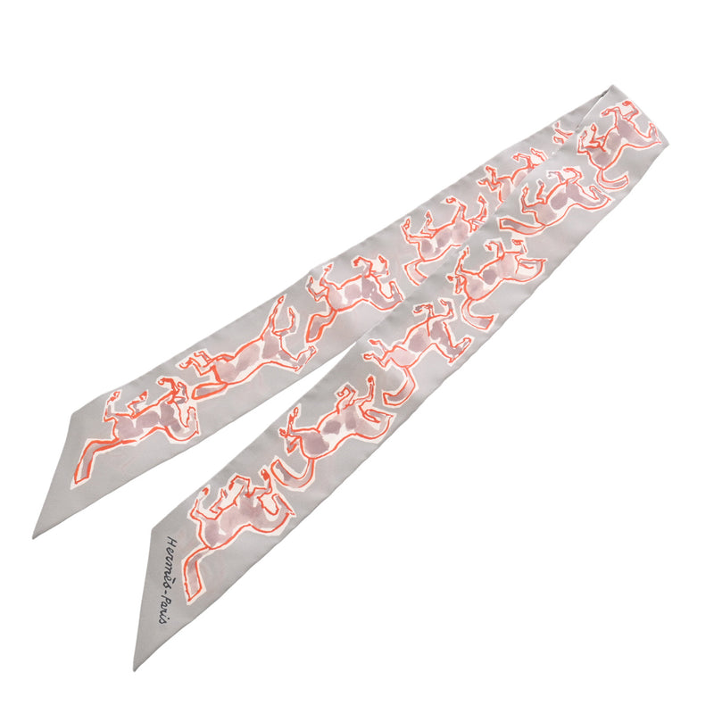 HERMES エルメス ツイリー CHEVAUX EN LIBERTE RM/GRIS PERLE/ROUGE/B グレー レディース シルク100％ スカーフ 未使用 銀蔵