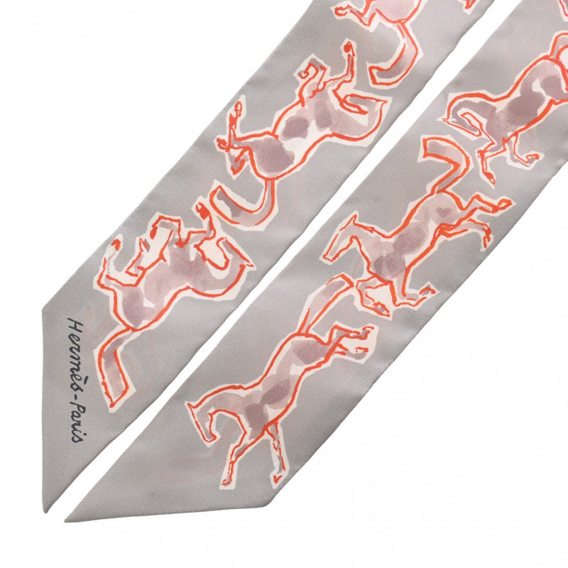 HERMES エルメス ツイリー CHEVAUX EN LIBERTE RM/GRIS PERLE/ROUGE/B グレー レディース シルク100％ スカーフ 未使用 銀蔵