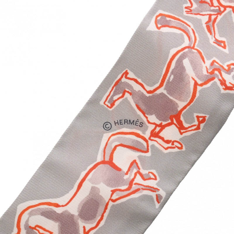 HERMES エルメス ツイリー CHEVAUX EN LIBERTE RM/GRIS PERLE/ROUGE/B グレー レディース シルク100％ スカーフ 未使用 銀蔵
