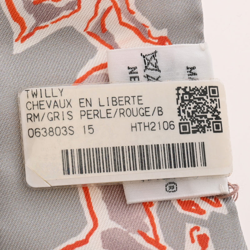 HERMES エルメス ツイリー CHEVAUX EN LIBERTE RM/GRIS PERLE/ROUGE/B グレー レディース シルク100％ スカーフ 未使用 銀蔵