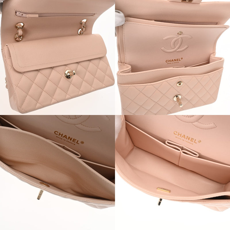 CHANEL シャネル マトラッセ チェーンショルダー 23cm Wフラップ ピンクベージュ系 レディース キャビアスキン ショルダーバッグ Aランク 中古 銀蔵