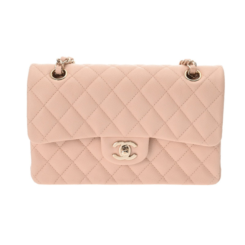 CHANEL シャネル マトラッセ チェーンショルダー 23cm Wフラップ ピンクベージュ系 レディース キャビアスキン ショルダーバッグ Aランク 中古 銀蔵