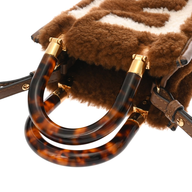 FENDI フェンディ サンシャインショッパー ミニ ２WAY ブラウン 8BS051 レディース ムートン ハンドバッグ Aランク 中古 銀蔵