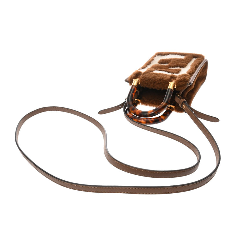 FENDI フェンディ サンシャインショッパー ミニ ２WAY ブラウン 8BS051 レディース ムートン ハンドバッグ Aランク 中古 銀蔵