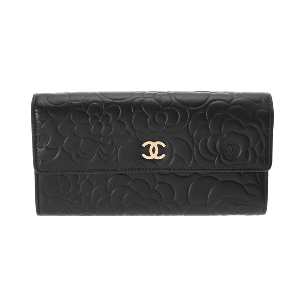 CHANEL シャネル カメリア 二ツ折財布 ブラック レディース ラムスキン 二つ折り財布 Aランク 中古 銀蔵