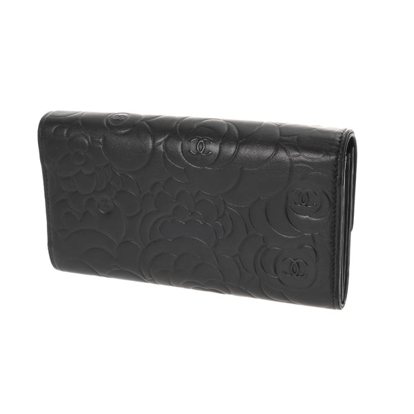 CHANEL シャネル カメリア 二ツ折財布 ブラック レディース ラムスキン 二つ折り財布 Aランク 中古 銀蔵