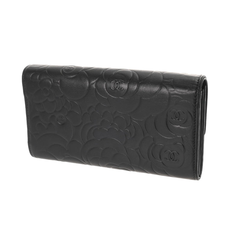 CHANEL シャネル カメリア 二ツ折財布 ブラック レディース ラムスキン 二つ折り財布 Aランク 中古 銀蔵