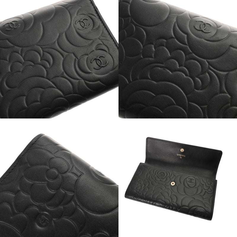 CHANEL シャネル カメリア 二ツ折財布 ブラック レディース ラムスキン 二つ折り財布 Aランク 中古 銀蔵