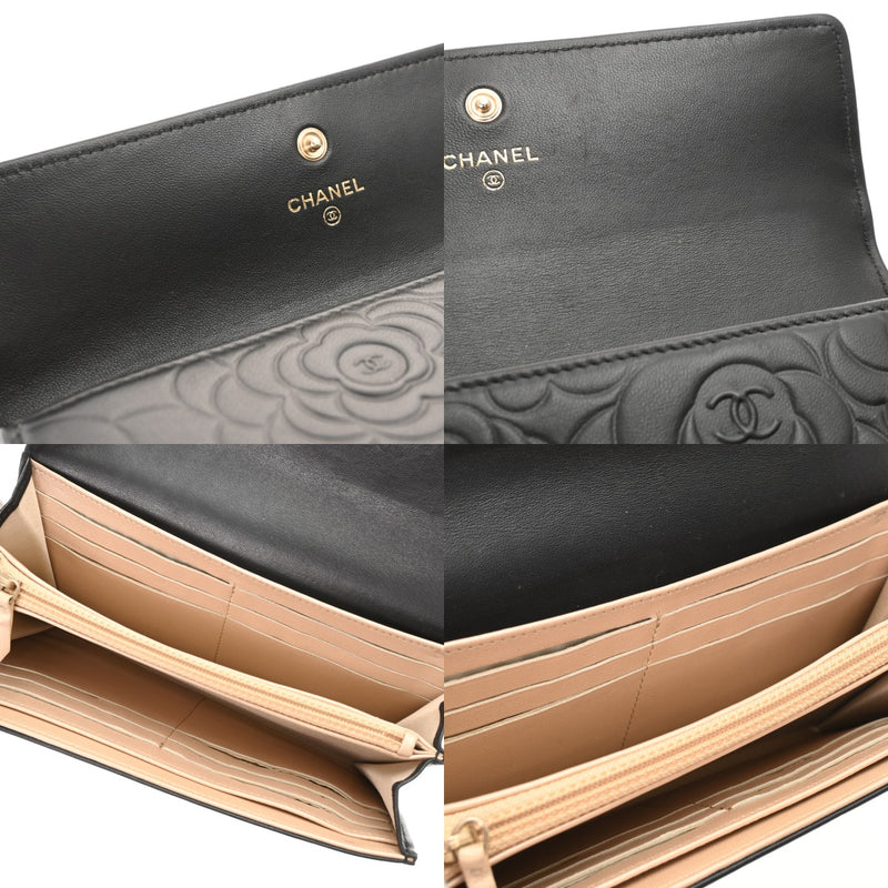 CHANEL シャネル カメリア 二ツ折財布 ブラック レディース ラムスキン 二つ折り財布 Aランク 中古 銀蔵