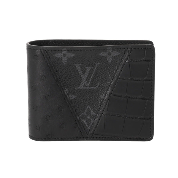 LOUIS VUITTON ルイヴィトン ポルトフォイユ ミュルティプル 黒/グレー N96276 メンズ オーストリッチ クロコダイル モノグラムエクリプス 二つ折り財布 未使用 銀蔵