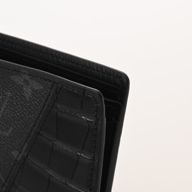 LOUIS VUITTON ルイヴィトン ポルトフォイユ ミュルティプル 黒/グレー N96276 メンズ オーストリッチ クロコダイル モノグラムエクリプス 二つ折り財布 未使用 銀蔵