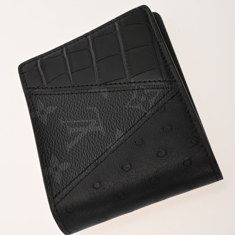 LOUIS VUITTON ルイヴィトン ポルトフォイユ ミュルティプル 黒/グレー N96276 メンズ オーストリッチ クロコダイル モノグラムエクリプス 二つ折り財布 未使用 銀蔵
