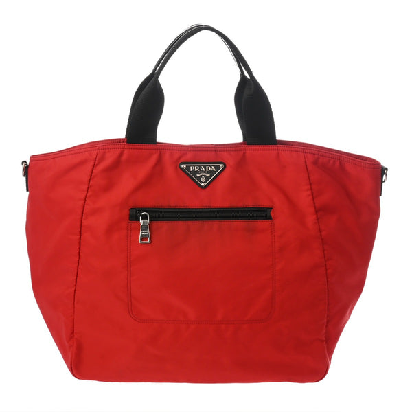 PRADA プラダ ロゴ プレート 2WAY トート レッド レディース ナイロン ショルダーバッグ ABランク 中古 銀蔵