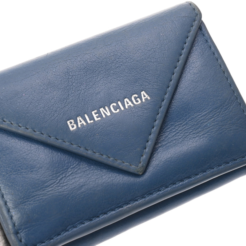 BALENCIAGA バレンシアガ ペーパー ミニ ウォレット 青 ユニセックス カーフ 三つ折り財布 Bランク 中古 銀蔵