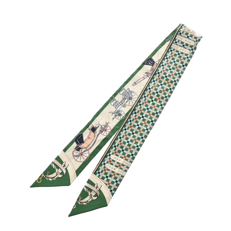 HERMES エルメス ツイリー LES VOITURESA NOUVELLE グリーン/ベージュ レディース シルク100％ スカーフ ABランク 中古 銀蔵