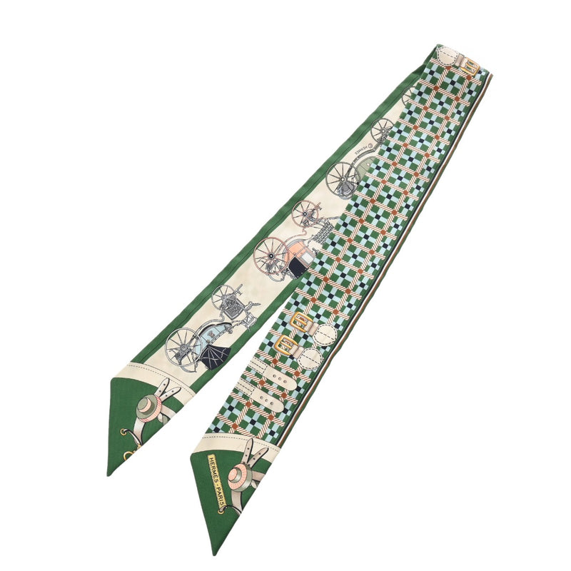 HERMES エルメス ツイリー LES VOITURESA NOUVELLE グリーン/ベージュ レディース シルク100％ スカーフ ABランク 中古 銀蔵