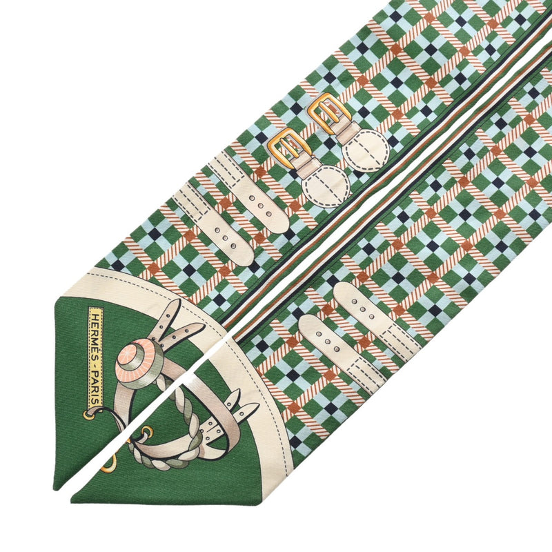 HERMES エルメス ツイリー LES VOITURESA NOUVELLE グリーン/ベージュ レディース シルク100％ スカーフ ABランク 中古 銀蔵