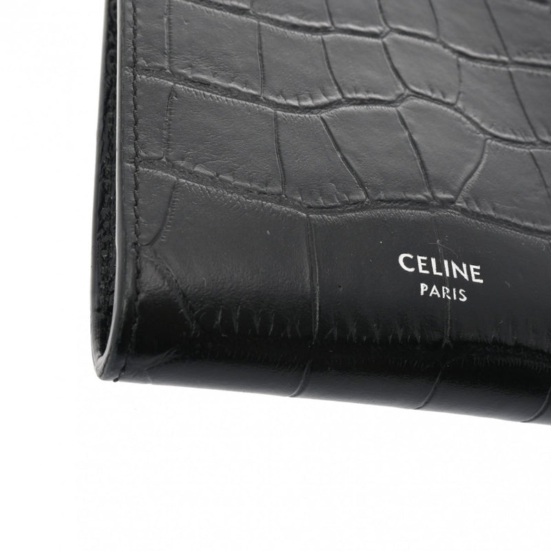 CELINE セリーヌ フォンポーチ 黒 シルバー金具 - レディース クロコ型押しレザー ポーチ ABランク 中古 銀蔵