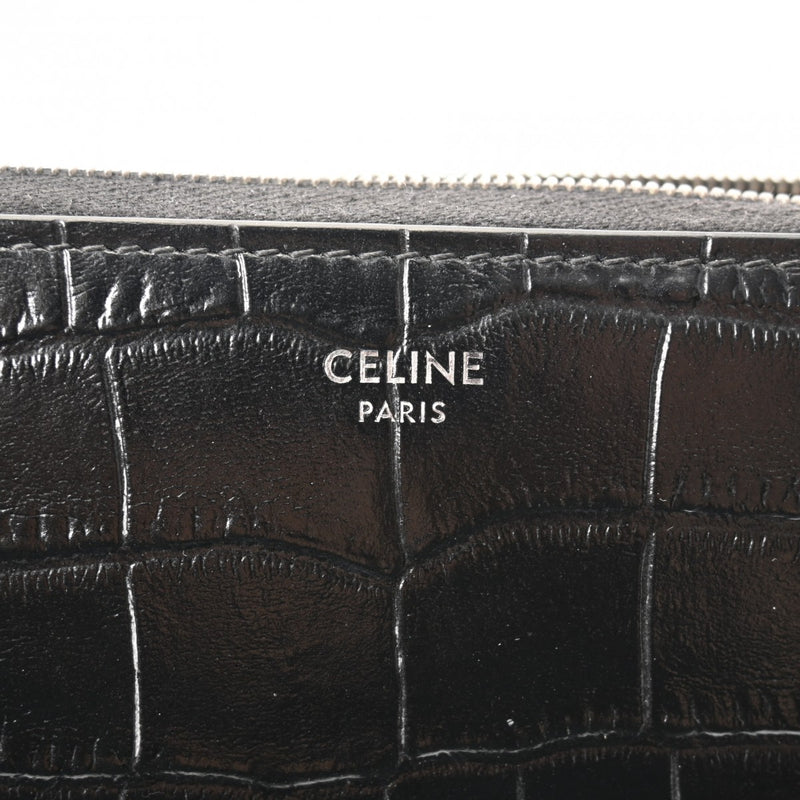 CELINE セリーヌ ラウンドファスナー財布 クロコ型押 黒 シルバー金具 - レディース レザー 長財布 Aランク 中古 銀蔵