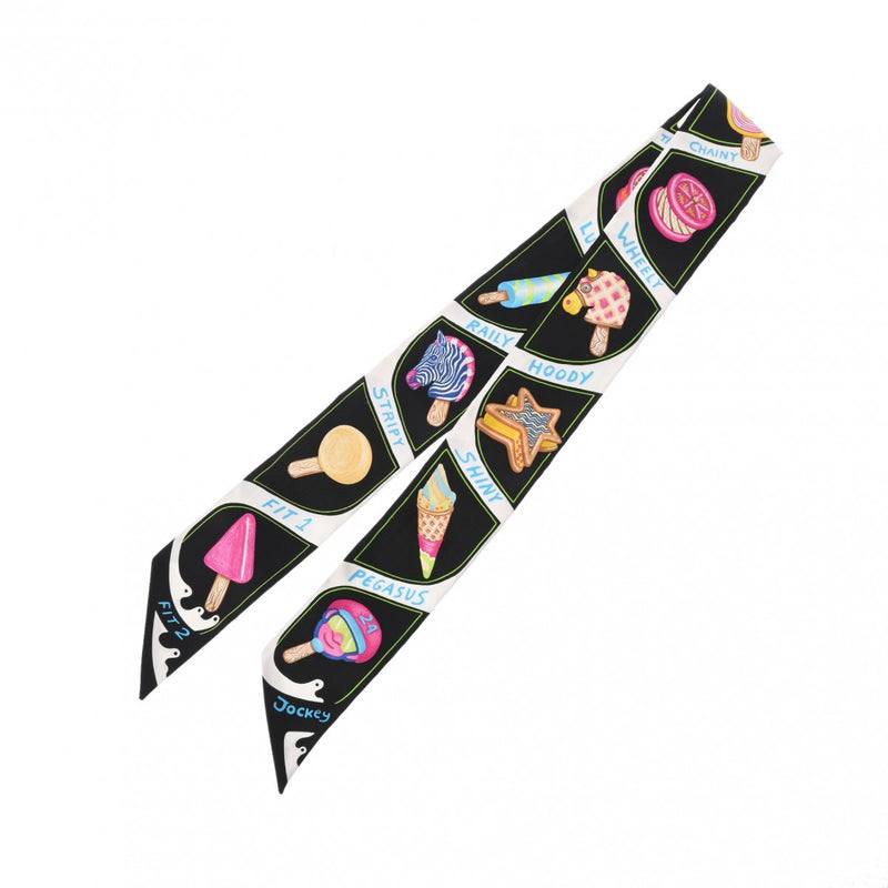 HERMES エルメス ツイリー FUNNY ICE CREAM 黒/白/マルチカラー 064109S レディース シルク100％ スカーフ 新品 銀蔵